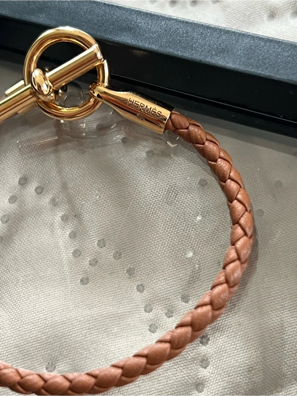 Hermes Braided Leather Bracelet with Yellow Gold Toggle
